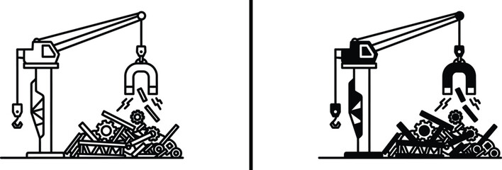 Industrial Crane with Magnet – Scrap Metal Recycling and Lifting Illustration