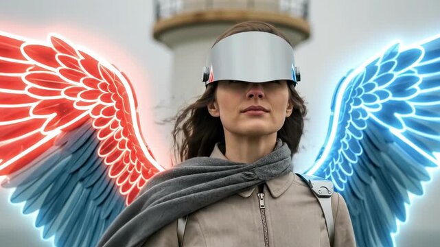 A woman stands boldly with a futuristic visor, gradient wings of red and blue glowing behind her, set against a lighthouse backdrop under a cloudy sky, radiating a sense of adventure