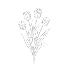 Elegant Line Art Bouquet of Tulips. Black and White Tulip Line Art Illustration