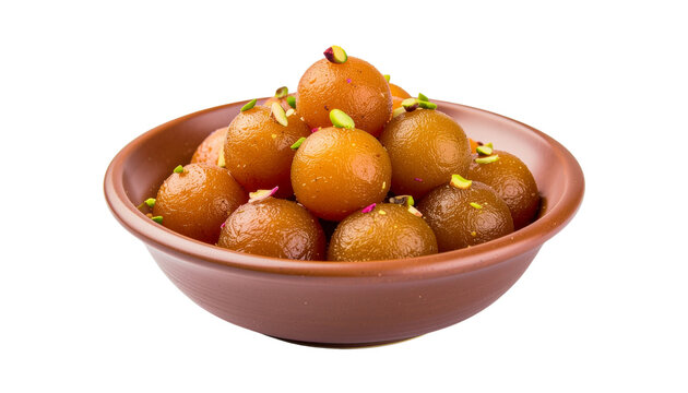 Delicious gulab jamun dessert served in a traditional terracotta bowl with pistachios Isolated on transparent background