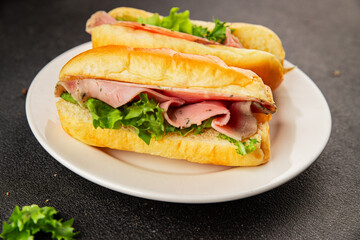Ham sandwich green leaf salad, spam, meat snack vegetables natural product tasty tasty snack fresh delicious gourmet food background on the table rustic top view copy space