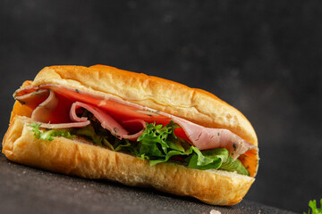 Ham sandwich green leaf salad, spam, meat snack vegetables natural product tasty tasty snack fresh delicious gourmet food background on the table rustic top view copy space