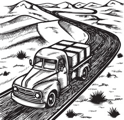 Vintage truck on the road engraving style vector illustration