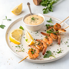 Delicious grilled shrimp and scallops skewers with fresh lemon and creamy dipping sauce