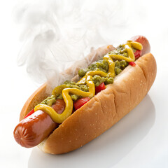 Savory hot dog bursting with fresh toppings and steaming with mouthwatering deliciousness