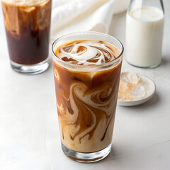 Iced coffee swirling with cream offers a refreshing caffeine boost, perfect for summer