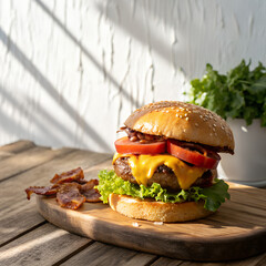 Delicious cheeseburger with bacon and tomatoes on wooden board in warm sunny lighting