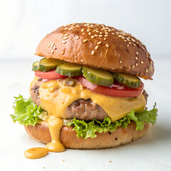 Juicy beef cheeseburger overflowing with melted cheddar, crisp lettuce, tomatoes, and pickles