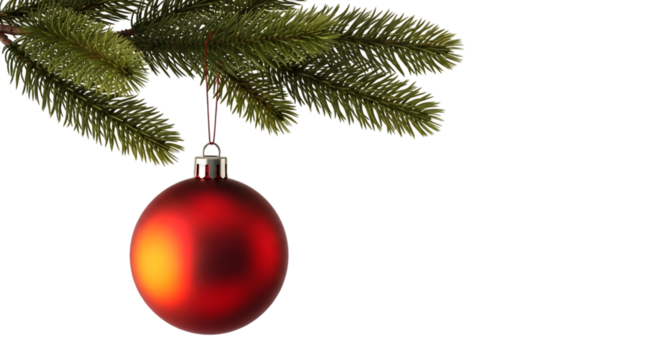 Festive red christmas ornament hanging on a fir branch isolated isolated on transparent background
