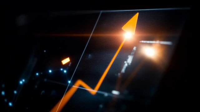 Bright uptrend line glows against a dark grid suggesting growth and successful business