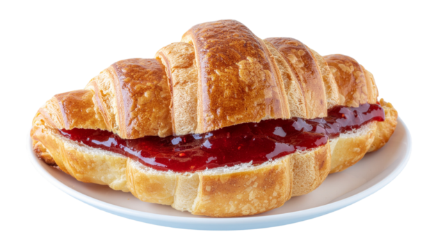 Fresh Croissant with Strawberry Jam Spread, Isolated PNG
