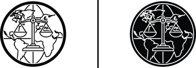 Global Justice and Law Icon – Scales of Justice over World Map