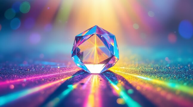 Radiant crystal shimmering with rainbow light and energy