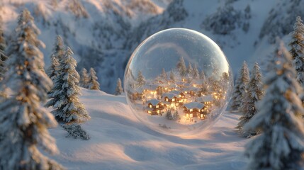 Magical snow globe with illuminated miniature Christmas village inside, snowy winter scene symbolizing holiday spirit and nostalgic festive charm