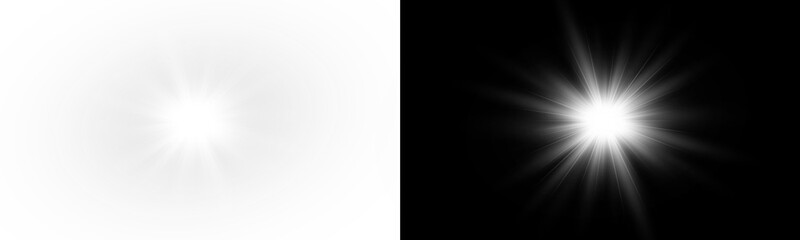 Yellow star flashed with sparkles sun isolated on white background. Soft glow without departing rays, sunlight with lens flare effect. PNG vector light effect.