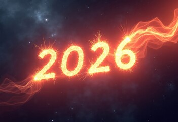 Bright fiery numbers representing the year 2026, glowing against a cosmic background, with swirling light trails creating a dynamic and celebratory atmosphere
