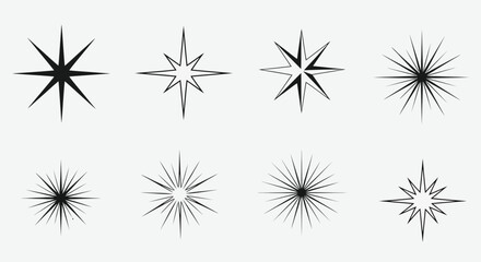 Set of Elegant Starbursts and Sparkles Vector Illustrations in Black and White for Design