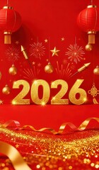 2026 New Year Golden Fireworks Ribbon Background Illustration, Festive Celebration Design Element, Suitable for Greeting Cards, Banners, Web and Social Media Backgrounds, Highlighting Luxurious Holida