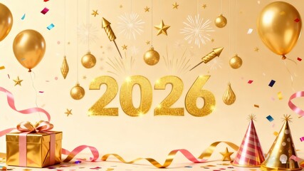 2026 New Year Golden Fireworks Ribbon Background Illustration, Festive Celebration Design Element, Suitable for Greeting Cards, Banners, Web and Social Media Backgrounds, Highlighting Luxurious Holida