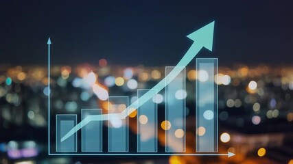 A digital growth chart overlay on a blurred cityscape at night, symbolizing financial success and progress. - Powered by Adobe