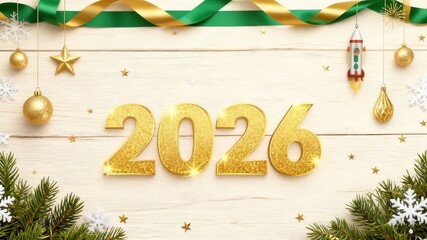 2026 New Year Golden Fireworks Ribbon Background Illustration, Festive Celebration Design Element, Suitable for Greeting Cards, Banners, Web and Social Media Backgrounds, Highlighting Luxurious Holida