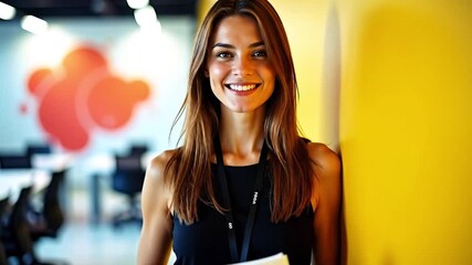 Young Caucasian woman with long brown hair smiles while holding documents in a modern office with a yellow wall and colorful decor.