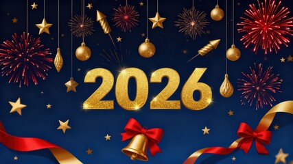 2026 New Year Golden Fireworks Ribbon Background Illustration, Festive Celebration Design Element, Suitable for Greeting Cards, Banners, Web and Social Media Backgrounds, Highlighting Luxurious Holida