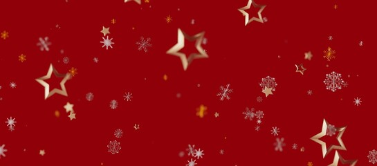 Christmas background features gold stars and snowflakes against a vibrant red backdrop. Perfect for holiday design, greetings and win © vegefox.com