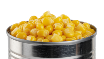 Tin can full of sweet corn kernels isolated on transparent background