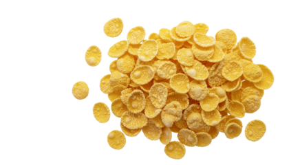 Pile of golden corn flakes cereal scattered and isolated on transparent background