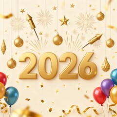 2026 New Year Golden Fireworks Ribbon Background Illustration, Festive Celebration Design Element, Suitable for Greeting Cards, Banners, Web and Social Media Backgrounds, Highlighting Luxurious Holida