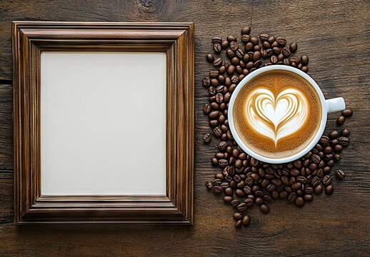 An overhead view featuring a wooden picture frame with a blank white mat next to a white cup of latte art with a heart design
