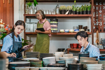 Mother, Son, and Daughter Managing Family Business Ceramic Shop