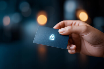 Hand holding credit card with digital padlock symbol glowing, faceless online security, payment protection visualization, defocused technology background, cybersecurity detail, tra