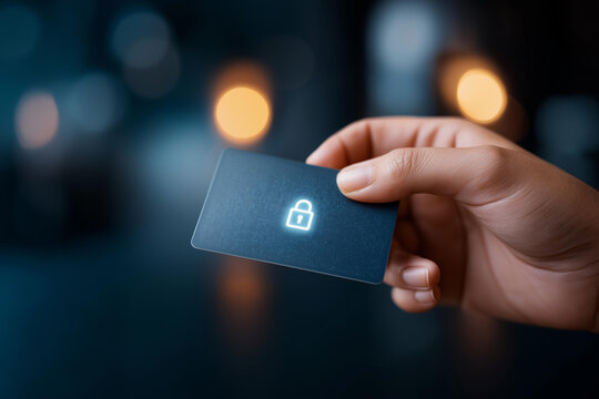 Hand holding credit card with digital padlock symbol glowing, faceless online security, payment protection visualization, defocused technology background, cybersecurity detail, tra