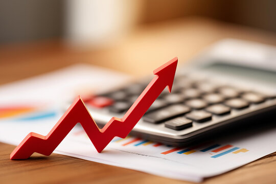 Calculator on financial documents with red rising inflation graph, faceless economic crisis, interest rate visualization, defocused chart background, recession indicator detail, hy