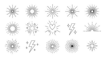 Obraz premium Set of linear sunburst and starburst design elements, featuring radiant light rays, festive sparkles, and decorative flash icons, perfect for adding graphic impact