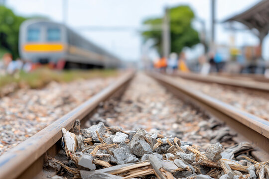 Derailed train wreckage on railway tracks with defocused damage, faceless accident scene, transportation disaster visualization, blurred crash background, safety failure detail, in