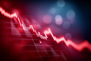 Red declining stock market graph with dramatic downward trend, faceless financial crash, investment loss visualization, defocused trading background, economic recession detail, por
