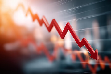 Red declining stock chart with downward trend arrows on screen, faceless market crash, financial graph visualization detail, defocused trading background, forex decline concept, ec