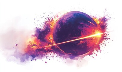 A dramatic digital illustration of a planet being struck by a meteor or asteroid, creating a fiery explosion upon impact