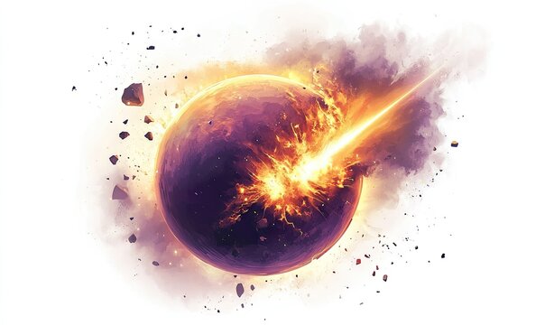 A dramatic digital illustration of a planet being struck by a meteor or asteroid, creating a fiery explosion upon impact