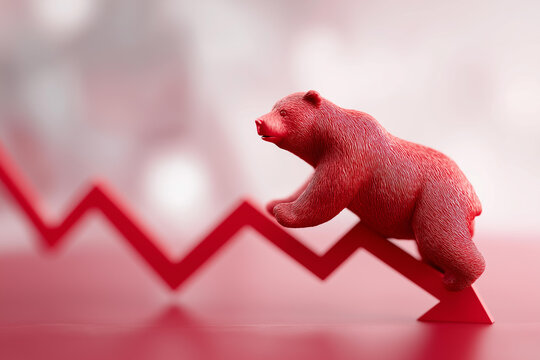 Red bear figure descending on declining red plane surface, faceless bear market, stock decline visualization, defocused financial background, market downturn detail, investment cri