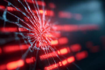 Red error message on cracked screen with glowing text, faceless system failure, tech malfunction visualization, defocused digital background, software crash detail, cyber attack co