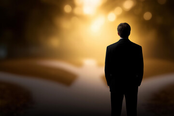 Fototapeta premium Person silhouette at fork in road with defocused paths ahead, faceless decision moment, choice visualization detail, blurred crossroads background, career direction concept, life d