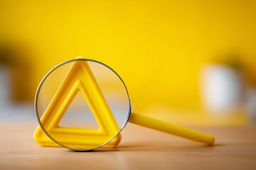 Yellow warning triangle in magnifying glass on yellow surface, faceless maintenance alert, risk visualization detail, defocused background blur, caution emphasis concept, safety wa