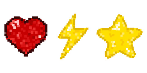Pixel Art. Vector illustration Pixel lightning red heart and gold star isolated transparent. Set of Pixel Art element for retro 8-bit video game. EPS 10