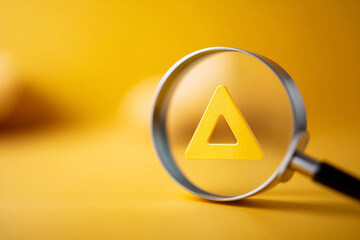 Yellow warning triangle in magnifying glass on yellow surface, faceless maintenance alert, risk visualization detail, defocused background blur, caution emphasis concept, safety wa