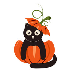 Fun Halloween art. Vector illustration of cute Black Cat in pumpkin isolated transparent backgorund. Perfect art for Halloween poster card banner cover design kid t-shirt print template design. EPS 10
