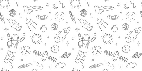 Seamless pattern with space line art. Doodle hand drawn illustrations, repeating childish backdrop © Elena